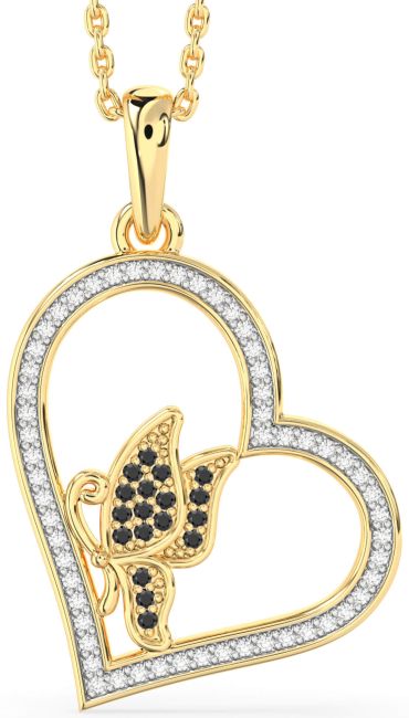 Diamond & Black Onyx Gold Heart Butterfly Necklace