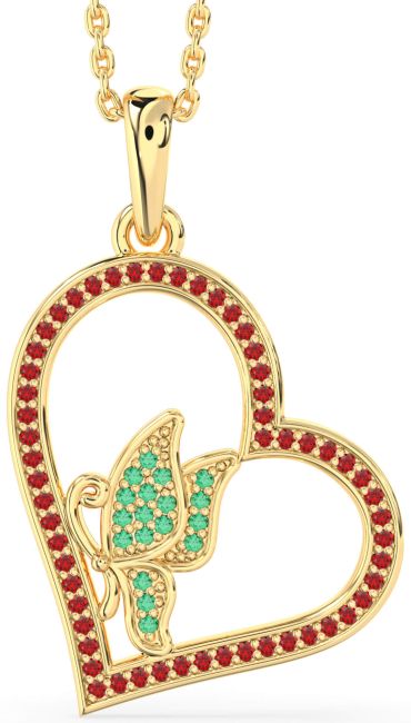 Emerald & Ruby Gold Heart Butterfly Necklace