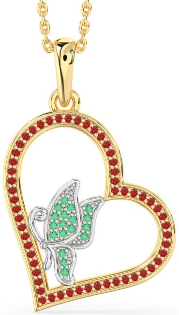 Emerald & Ruby Gold Silver Heart Butterfly Necklace