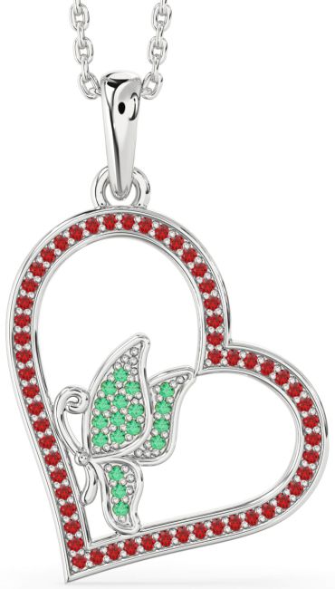 Emerald & Ruby Silver Heart Butterfly Necklace