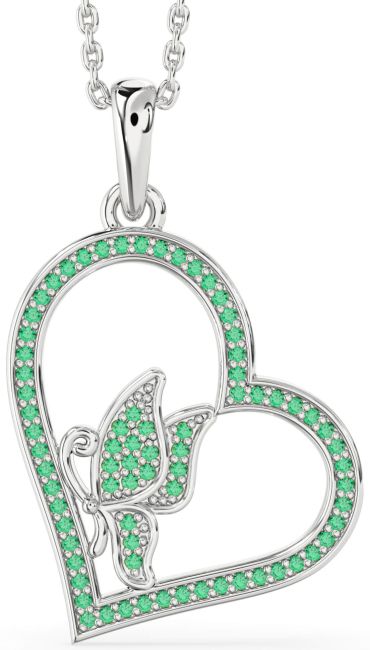 Emerald Silver Heart Butterfly Necklace