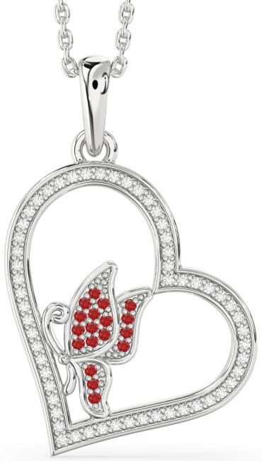 Diamond & Ruby Silver Heart Butterfly Necklace