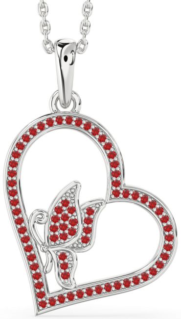 Ruby Silver Heart Butterfly Necklace