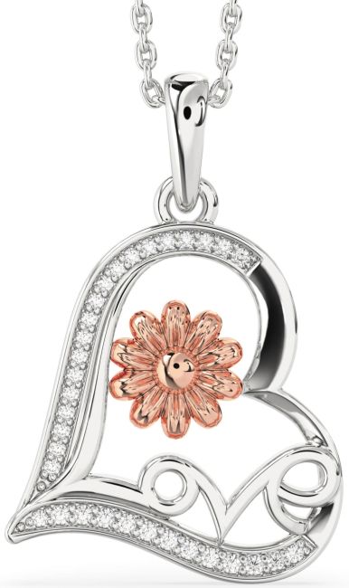Diamond White Rose Gold Heart Flower Necklace
