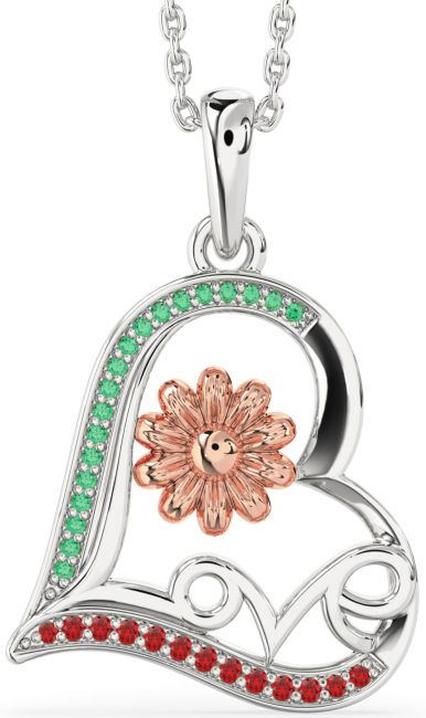 Emerald & Ruby Rose Gold Silver Heart Flower Necklace