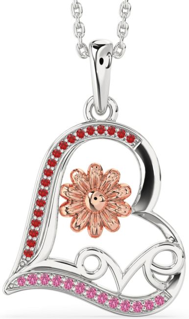 Ruby & Pink Sapphire Rose Gold Silver Heart Flower Necklace