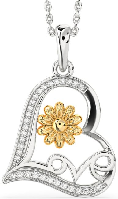 Diamond Gold Silver Heart Flower Necklace
