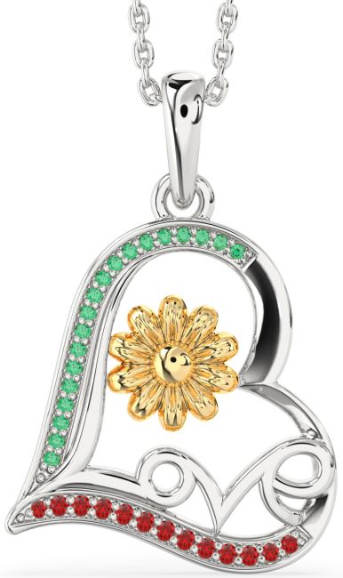 Emerald & Ruby Gold Silver Heart Flower Necklace