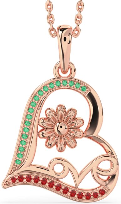 Emerald & Ruby Rose Gold Silver Heart Flower Necklace