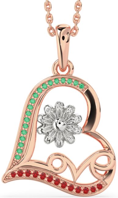 Emerald & Ruby Rose Gold Silver Heart Flower Necklace