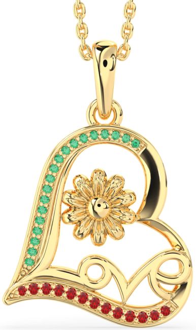 Emerald & Ruby Gold Heart Flower Necklace