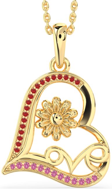 Ruby & Pink Sapphire Gold Silver Heart Flower Necklace