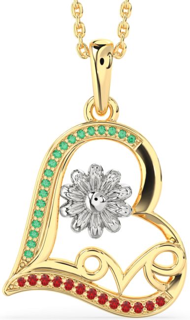 Emerald & Ruby Gold Silver Heart Flower Necklace