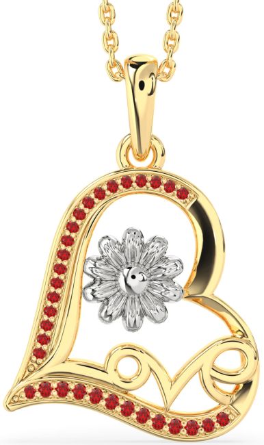 Ruby Gold Silver Heart Flower Necklace