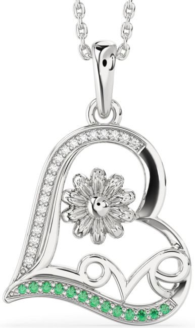 Emerald & Diamond Silver Heart Flower Necklace
