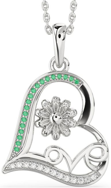 Diamond & Emerald Silver Heart Flower Necklace