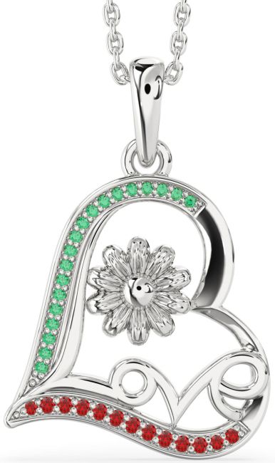 Emerald & Ruby Silver Heart Flower Necklace
