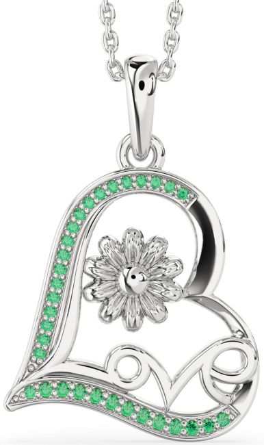 Emerald Silver Heart Flower Necklace