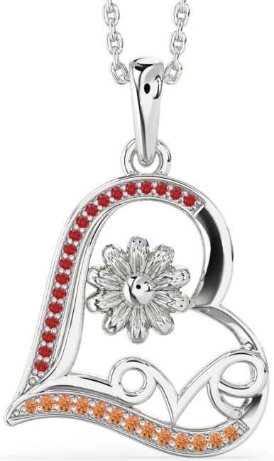 Ruby & Citrine Silver Heart Flower Necklace