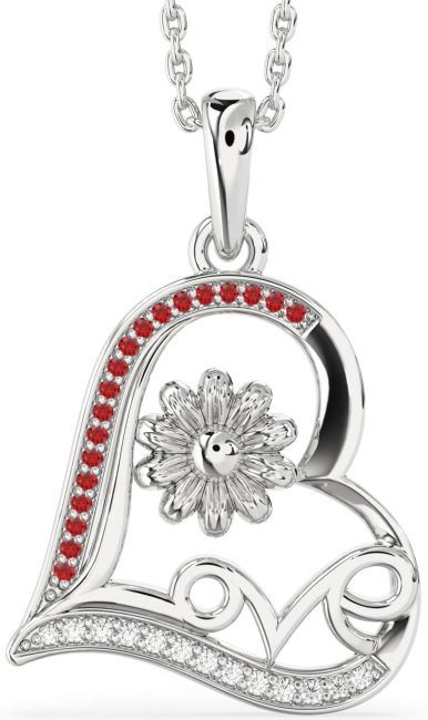 Diamond & Ruby Silver Heart Flower Necklace