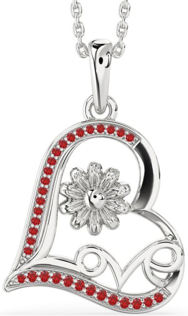 Ruby Silver Heart Flower Necklace