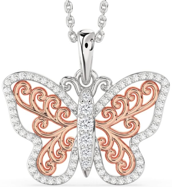 Large Diamond Platinum & Rose Gold Butterfly Necklace