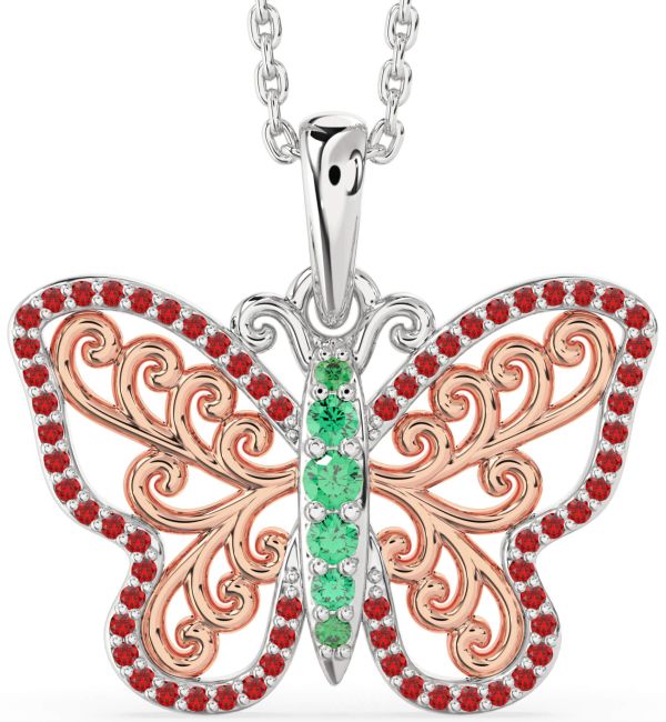 Large Emerald & Ruby Rose Gold Silver Butterfly Necklace
