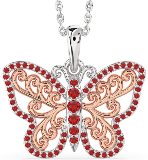 Large Ruby Rose Gold Silver Butterfly Necklace