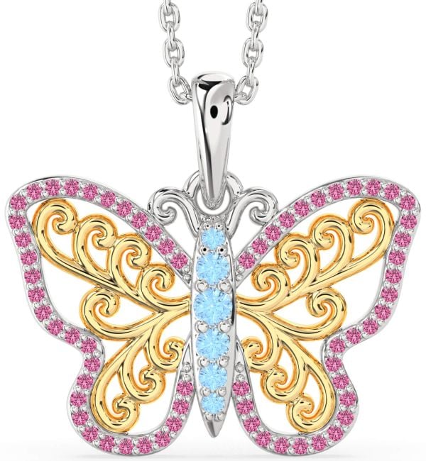 Large Aquamarine & Pink Sapphire Platinum & Yellow Gold Butterfly Necklace