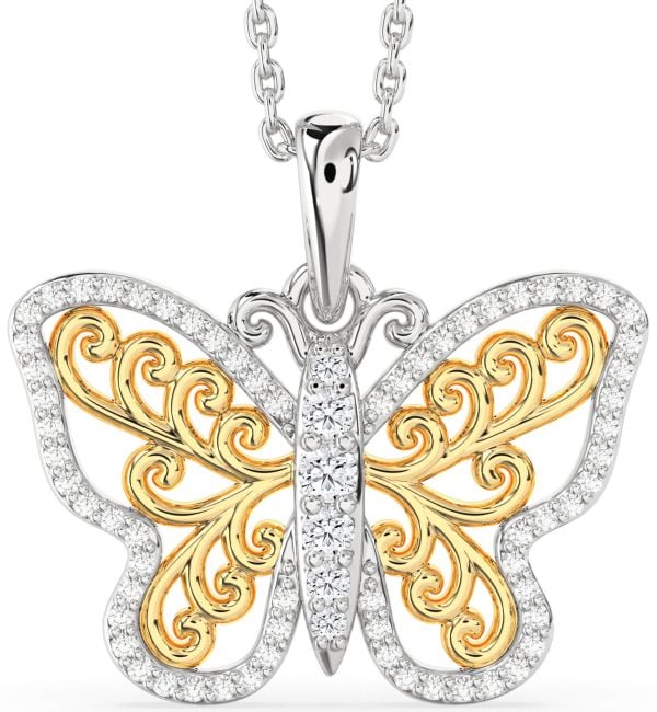 Large Diamond Silver & 10K gold Butterfly Necklace