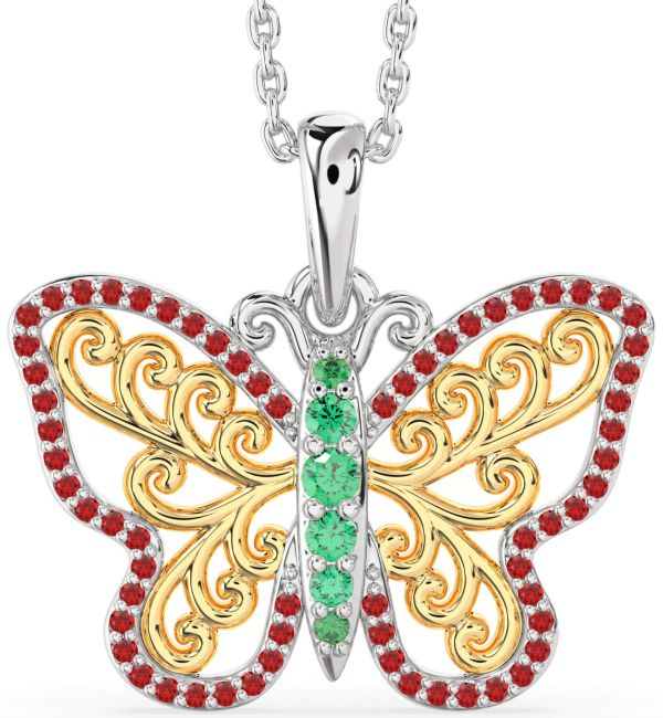 Large Emerald & Ruby Gold Silver Butterfly Necklace