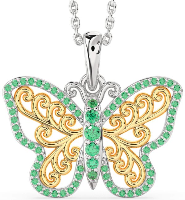 Large Emerald Gold Silver Butterfly Necklace