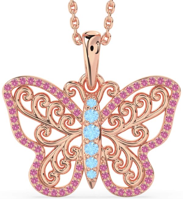 Large Aquamarine & Pink Sapphire Rose Gold Butterfly Necklace