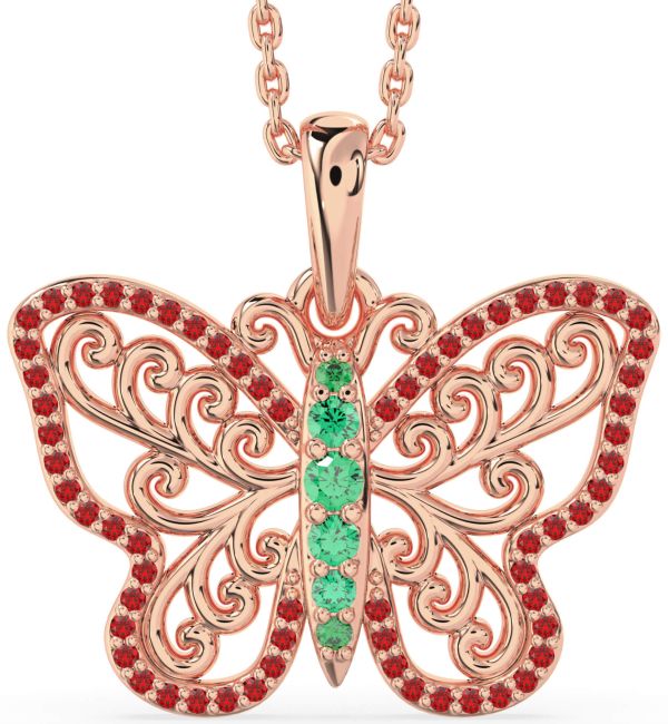 Large Emerald & Ruby Rose Gold Butterfly Necklace