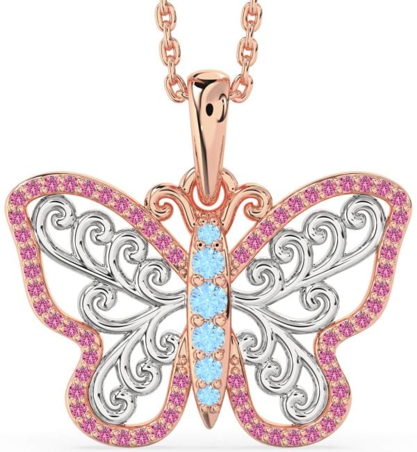 Large Aquamarine & Pink Sapphire White Rose Gold Butterfly Necklace