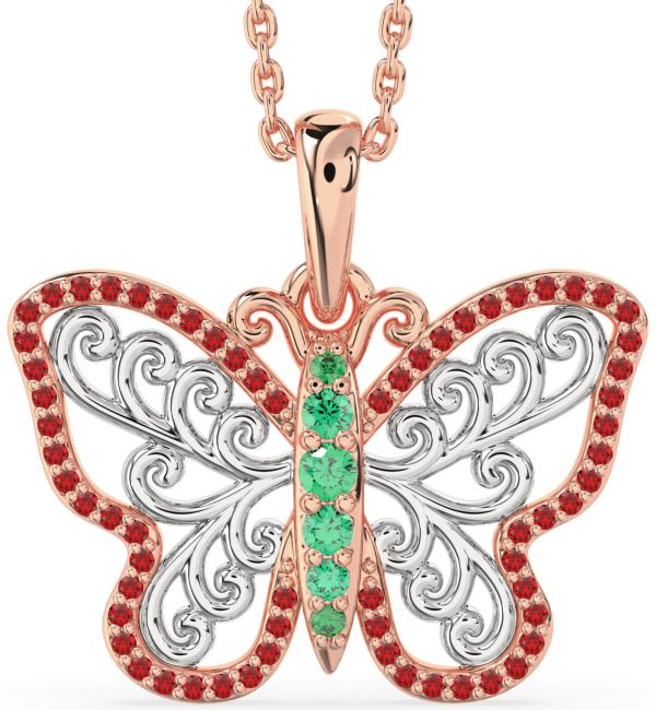 Large Emerald & Ruby Rose Gold Silver Butterfly Necklace