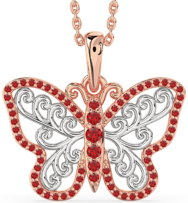 Large Ruby Rose Gold Silver Butterfly Necklace