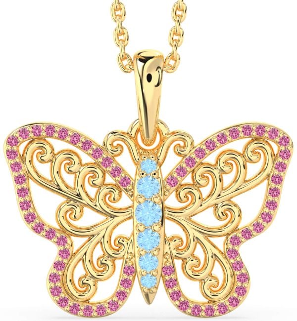 Large Aquamarine & Pink Sapphire Gold Silver Butterfly Necklace