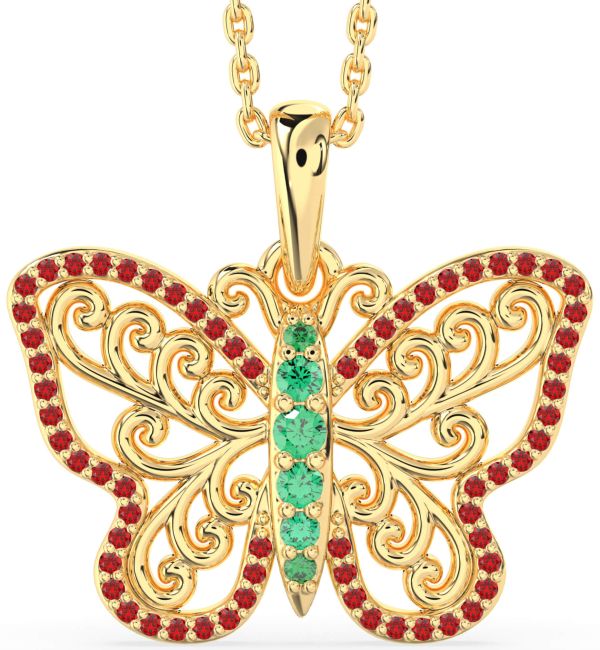 Large Emerald & Ruby Gold Butterfly Necklace