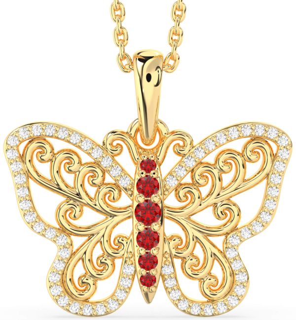 Large Diamond & Ruby Gold Butterfly Necklace