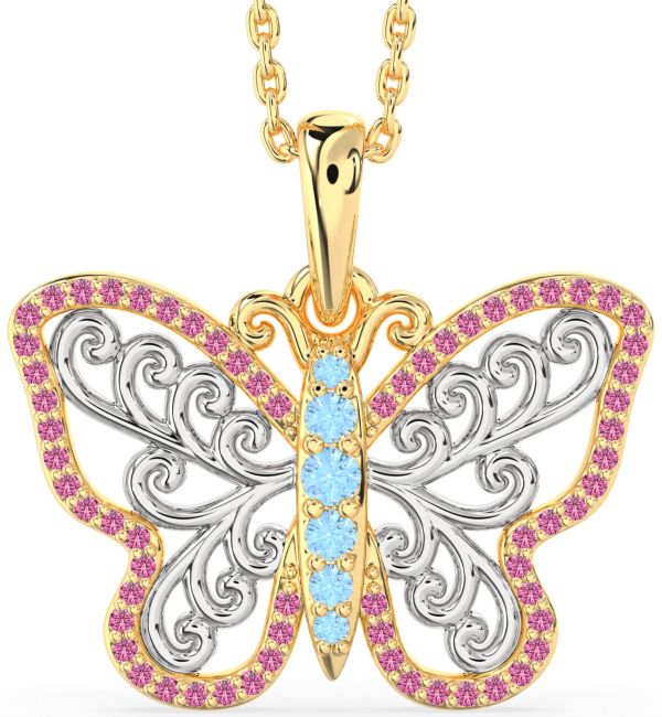 Large Aquamarine & Pink Sapphire White Yellow Gold Butterfly Necklace