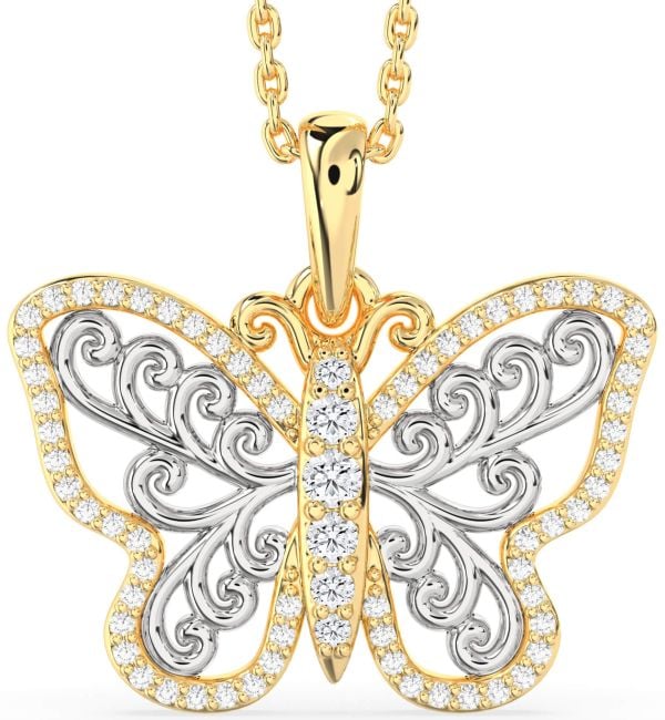 Large Diamond White Yellow Gold Butterfly Necklace