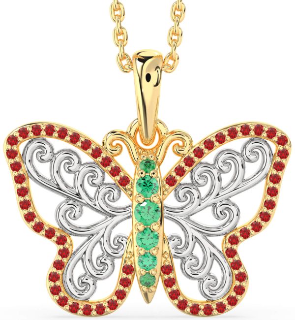 Large Emerald & Ruby Gold Silver Butterfly Necklace