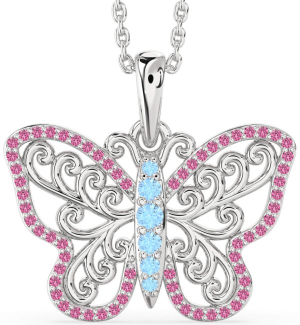 Large Aquamarine & Pink Sapphire Silver Butterfly Necklace