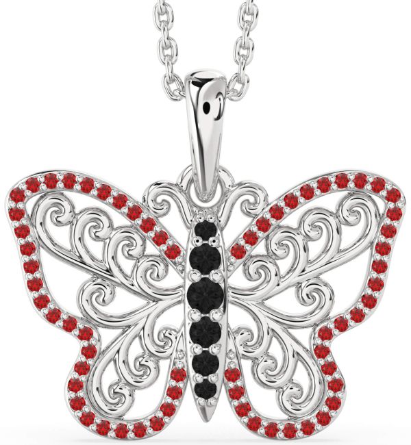 Large Black Diamond & Ruby Silver Butterfly Necklace