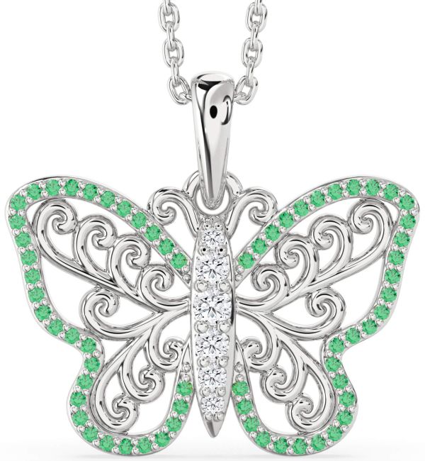 Large Emerald & Diamond Silver Butterfly Necklace