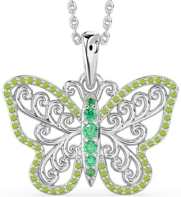 Large Emerald & Peridot Silver Butterfly Necklace