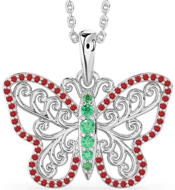 Large Emerald & Ruby Silver Butterfly Necklace