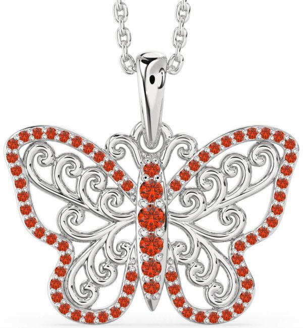 Large Fire Opal Silver Butterfly Necklace