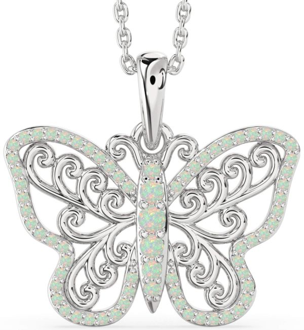 Large Opal Silver Butterfly Necklace